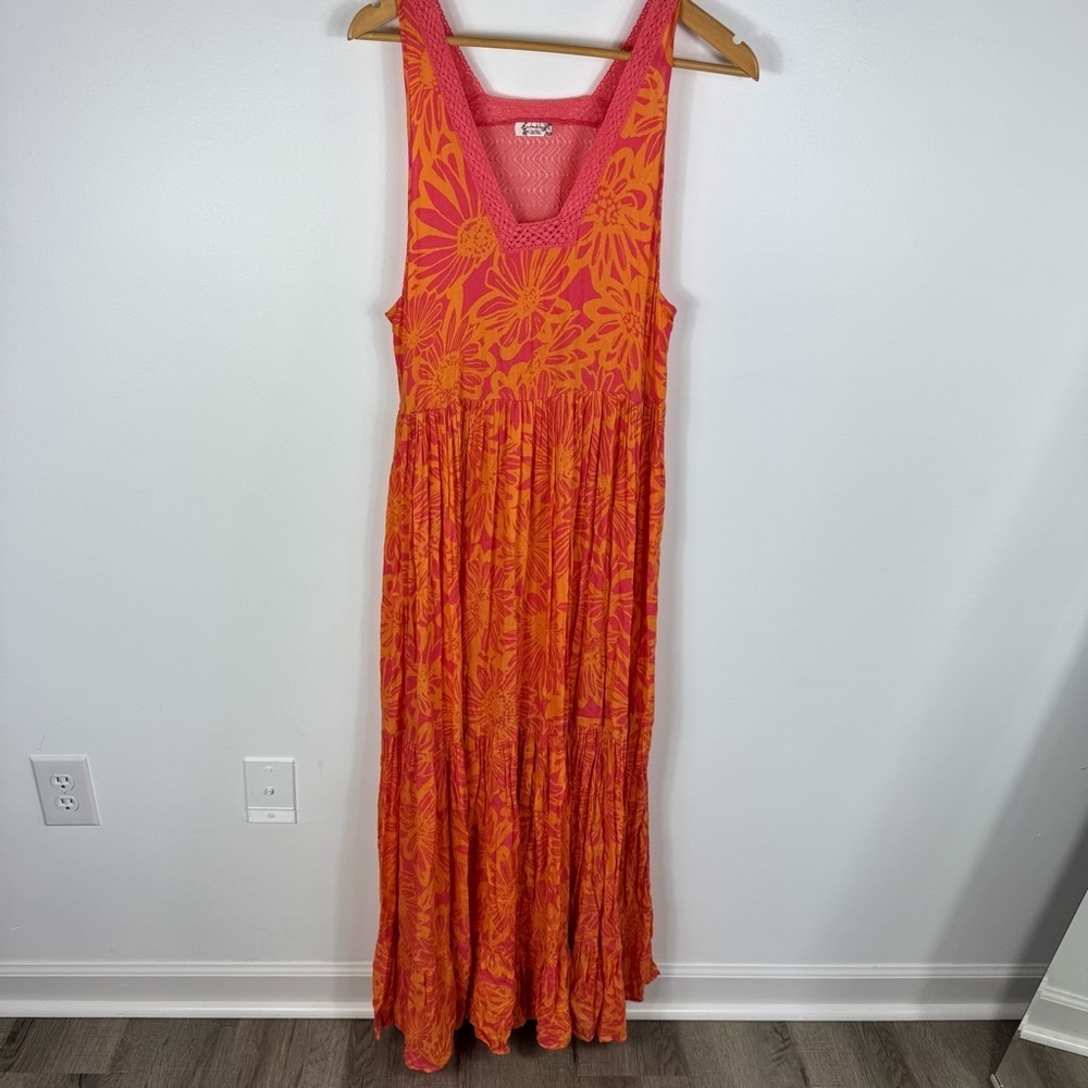 Free People Tiers For You Floral Maxi Dress Orange & Pink Crochet Medium Flowy - Picture 4 of 11